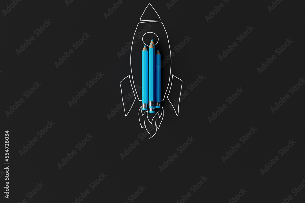 Pencils arranged in a rocket shape and outlined with a rocket. Concept for starting school, back to school. 3d rendering, 3d illustration. Pencils arranged in a rocket shape and outlined with a rocket. Concept for starting school, back to school. 3d rendering, 3d illustration.
