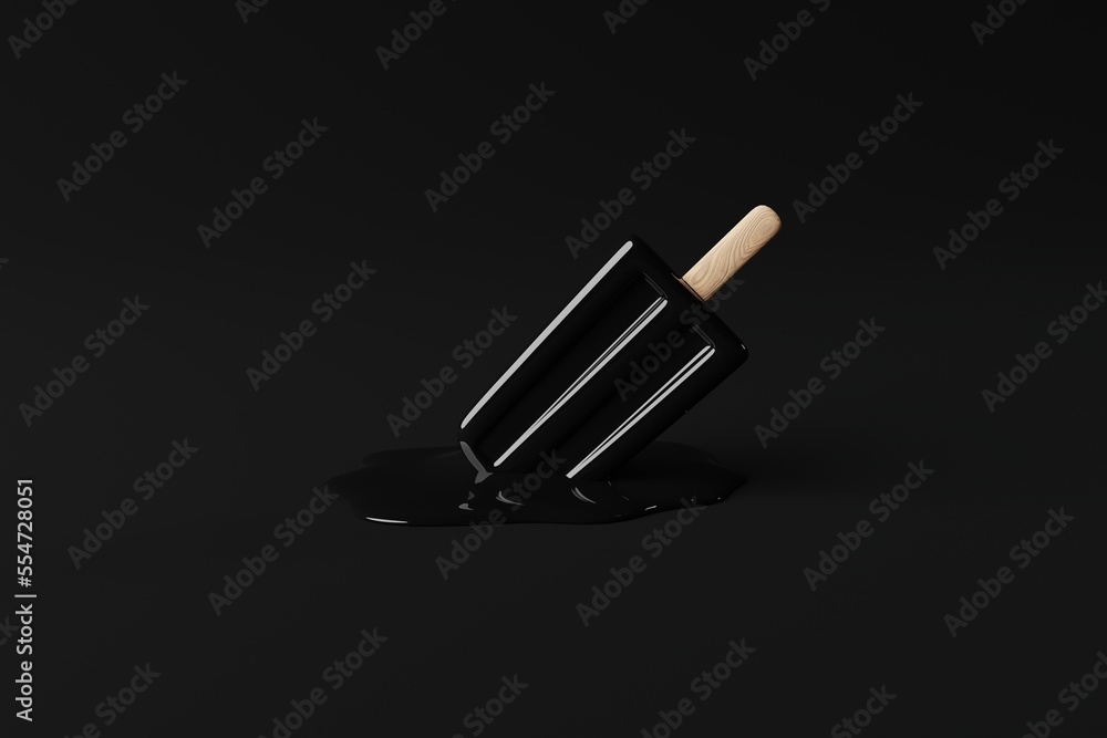 Melted black ice lolly on a pastel background. Concept of summer, vacation. Cooling down on warm days. 3d rendering, 3d illustration. Melted black ice lolly on a pastel background. Concept of summer, vacation. Cooling down on warm days. 3d rendering, 3d illustration.