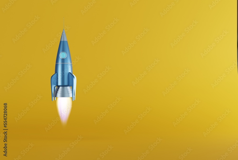 Rocket taking off against a yellow background. Take-off, business concept. Following goals, climbing, getting promoted. 3D render, 3D illustration. Rocket taking off against a yellow background. Take-off, business concept. Following goals, climbing, getting promoted. 3D render, 3D illustration.