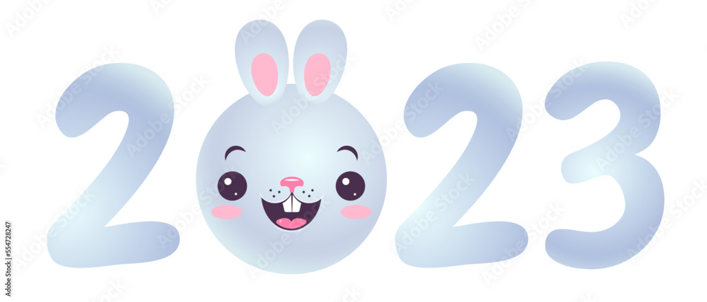 Obraz premium Vector emblem for new year of 2023 with head of a cute rabbit.