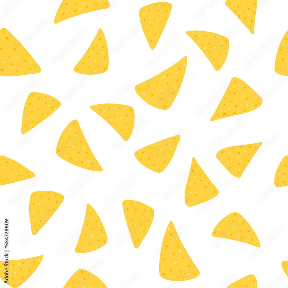Seamless pattern with tortilla chips in cartoon flat style. Hand drawn