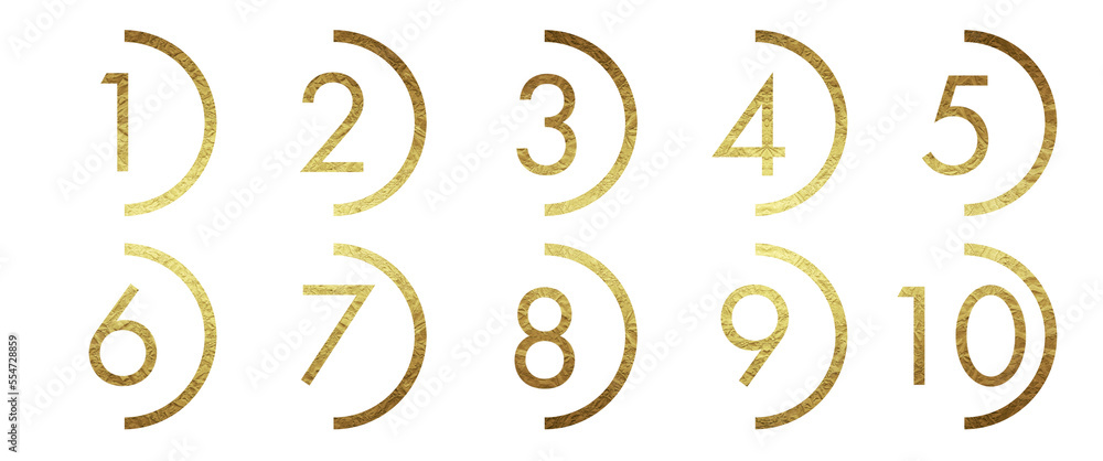 Set of numbers in golden half circle, paint brush smudge, layered, isolated graphic design element made with brushstroke, hand drawn art for backgrounds, frame, watercolor paint, monochrome	