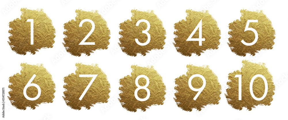 Set of numbers in golden smudge mark, paint brush smudge, layered, isolated graphic design element made with brushstroke, hand drawn art for backgrounds, frame, watercolor paint, monochrome	
