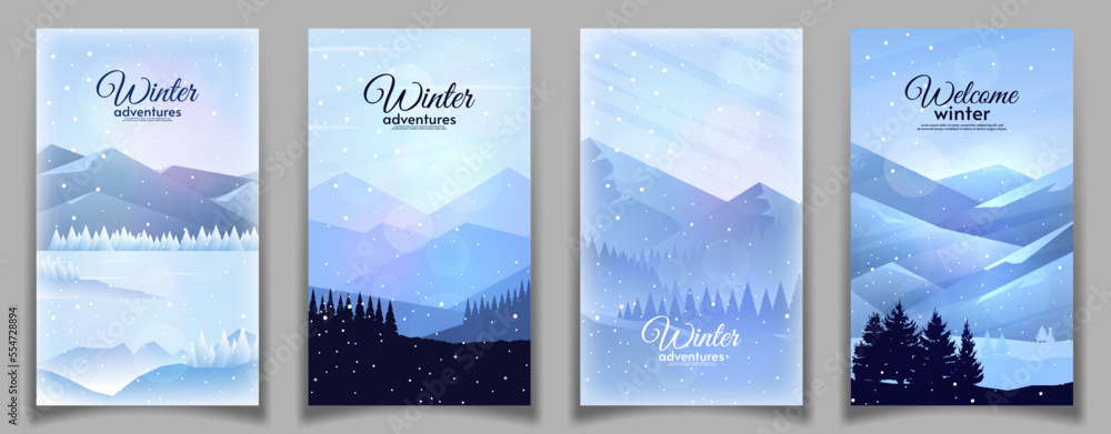 Winter landscape. Hills with forest and mountains. Flat style design for poster, brochure, postcard, invitation, business card.