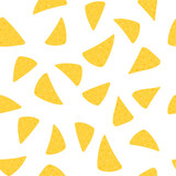 Seamless pattern with tortilla chips in cartoon flat style. Hand drawn vector background with nachos tortillas, mexican food