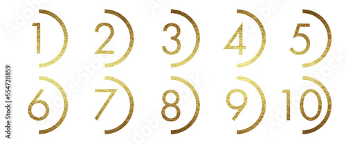 Set of numbers in golden half circle, paint brush smudge, layered, isolated graphic design element made with brushstroke, hand drawn art for backgrounds, frame, watercolor paint, monochrome 
