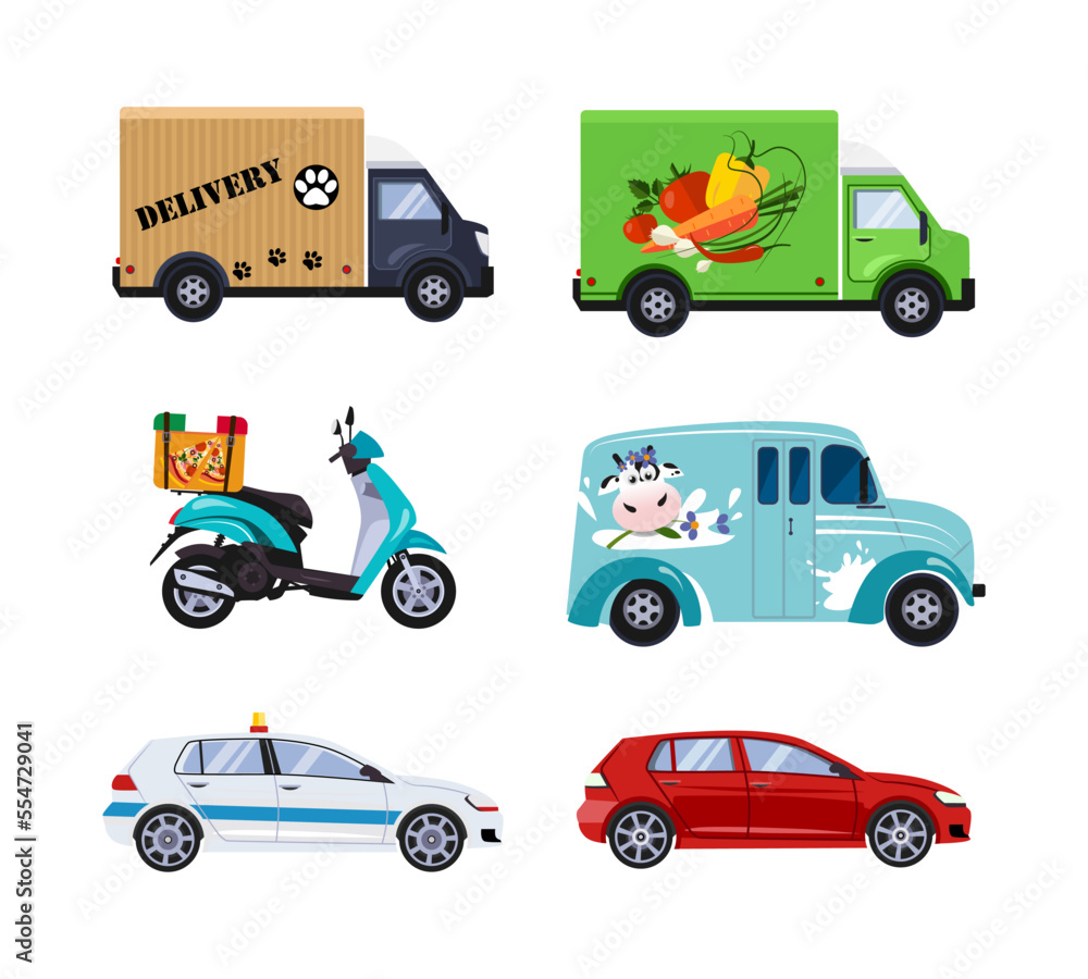 Delivery and Grocery Truck, Scooter, Milk Van, Police and Passenger Car as City Traffic Side View Vector Set