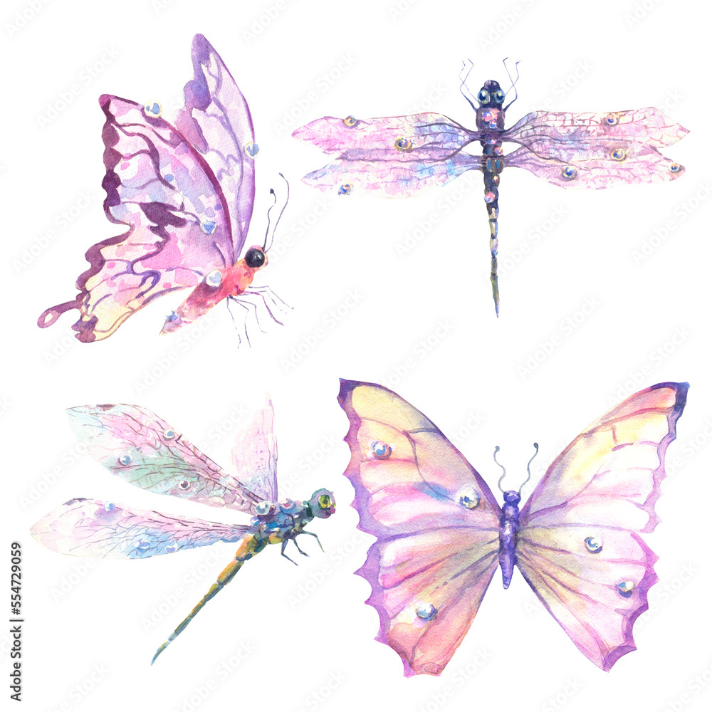 Watercolor set with Romantic Flying Dragonflies and Butterflies on ...