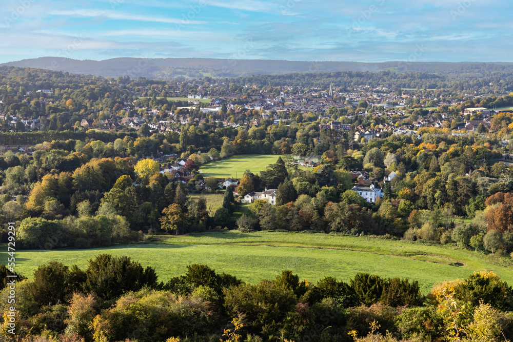 View of Dorking taken on Box Hill with Leith Hill in the background