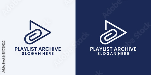 Play button with paper clip organizer logo design