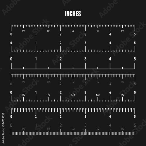 Realistic white inch scale for measuring length or height. Various measurement scales with divisions. Ruler, tape measure marks, size indicators. Vector illustration