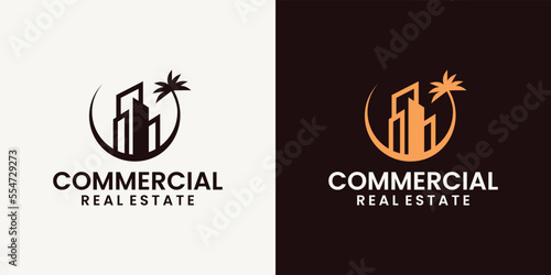 creative real estate building and construction with palm tree logo design inspiration