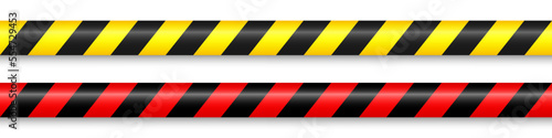 Realistic barricade construction tape. Yellow and red police warning line, danger or hazard stripe, ribbon. Under construction sign. Restricted area, zone. Attention symbol. Vector illustration