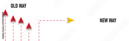 red planes are flying the old way yellow paper planes are flying the new way. changing path fi. Different thinking, Business leader, personality development idea concept.
