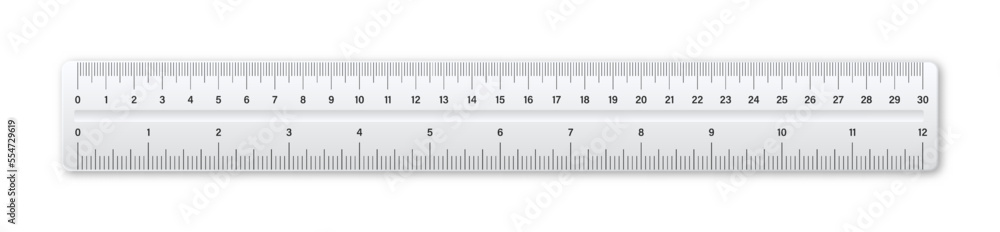 Realistic plastic ruler with measurement scale and divisions, measure ...