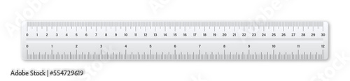 Realistic plastic ruler with measurement scale and divisions, measure marks. School ruler, centimeter and inch scale for length measuring. Office supplies. Vector illustration photo