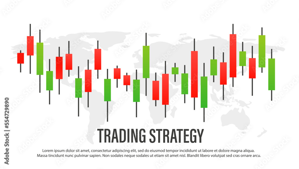 Stock market candlestick chart with world map. Green and red Japanese