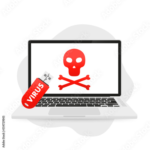 USB drive with computer virus and infected laptop, danger warning, hacker attack steals information from flash drive computer. Vector illustration
