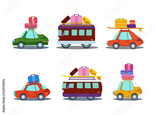Bus and Car with Load of Trunk and Suitcase on Top as Travel Vehicle Vector Set.