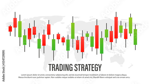 Stock market candlestick chart with world map. Green and red Japanese candlesticks of the investment trading market. Growth point, chart trend. Trading strategy. Vector illustration