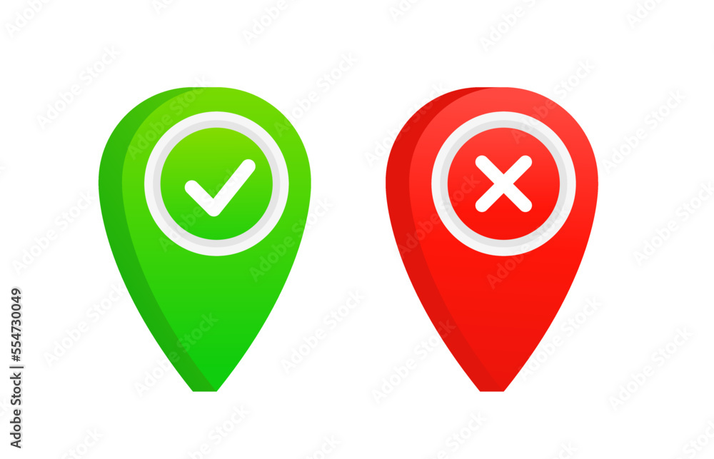 Location tracking position icon with checkmark and cross on white isolated background. Vector illustration Location tracking position icon with checkmark and cross on white isolated background. Vector illustration