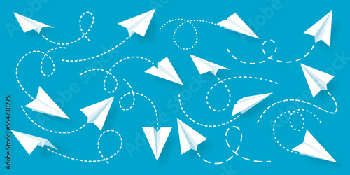 Various realistic white paper planes collection. Handmade origami aircraft with dotted doodle route line. Business concept element, project startup and goal achievement. Vector illustration