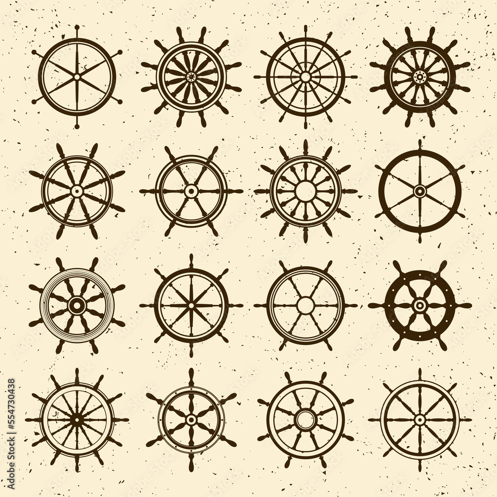 Collection of grunge vintage steering wheels. Ship, yacht retro wheel symbol. Nautical rudder icon. Marine design element. Vector illustration
