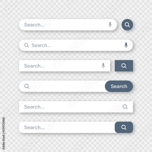 Various search bar templates. Internet browser engine with search box, address bar and text field. UI design, website interface element with web icons and push button. Vector illustration