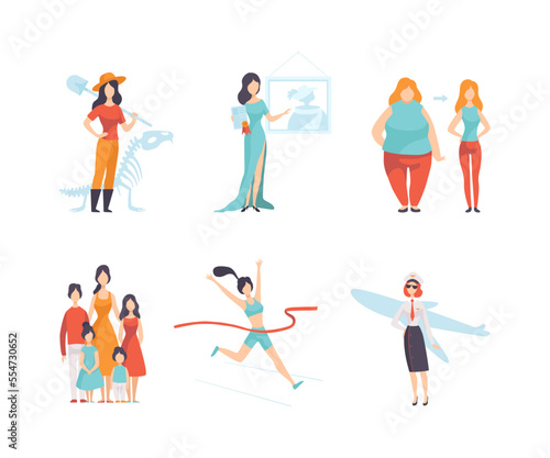 Strong and Confident Woman Engaged in Goal Achievement Vector Set
