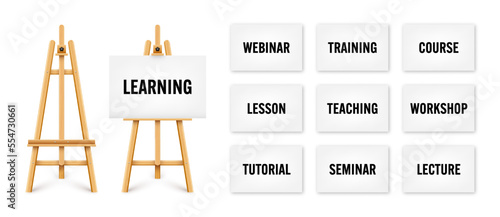Realistic paint desk with text on white canvas. Wooden easel and a sheet of drawing paper. Presentation board on a tripod. Online studying, e-learning and education, web tutorial. Vector illustration