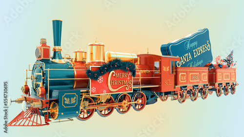 Retro locomotive with Christmas gifts and greetings.
