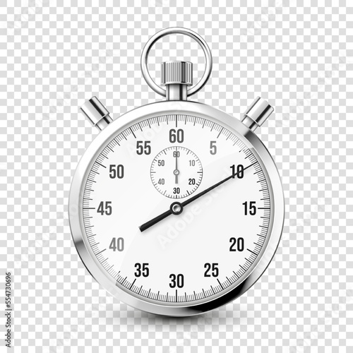 Realistic classic stopwatch icon. Shiny metal chronometer, time counter with dial. Countdown timer showing minutes and seconds. Time measurement for sport, start and finish. Vector illustration