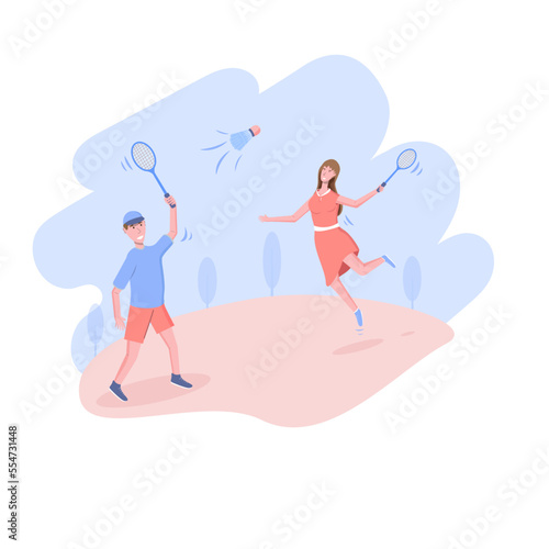 man and woman playing badminton in nature flat vector illustration