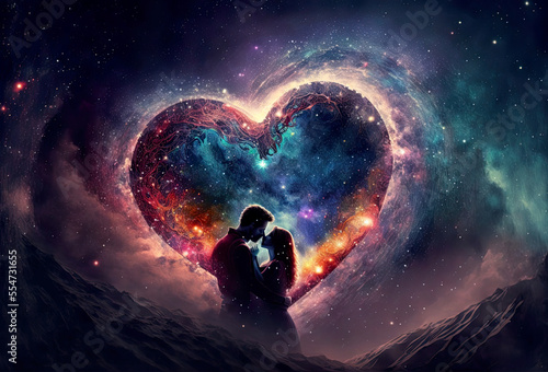 Eternal love, cosmic love, beautiful true love, loving souls in cosmos, romance in all, tender kiss in cosmos, romance, love, spirituality, esoteric, illustration, generated art, ai, generative ai photo