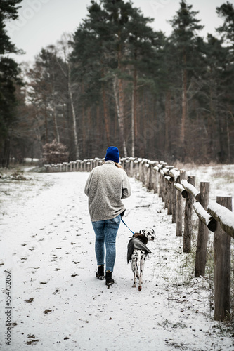 junge Frau geht im verschneiten Wald mit Dalmatiner (Hund) spazieren