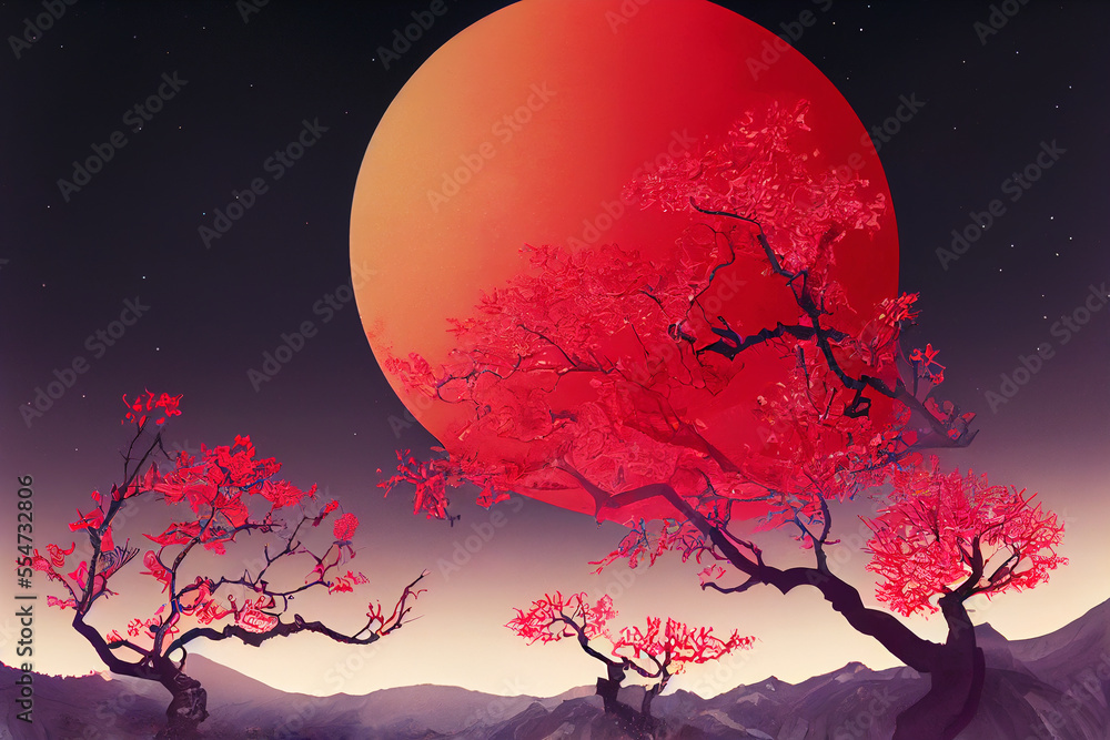 Chinese style illustration with moon and trees Chinese style illustration with moon and trees