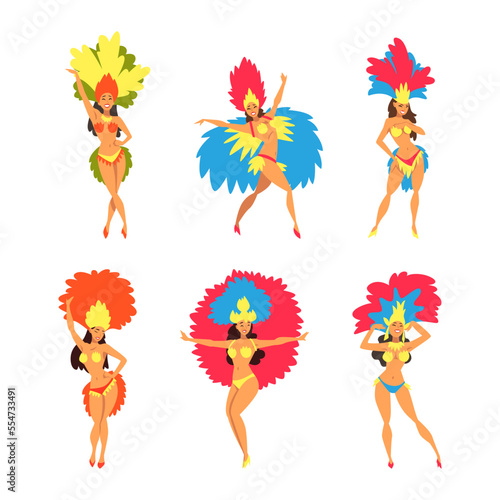 Bright Brazilian Female Samba Dancer Posing in Feathered Costume Vector Set
