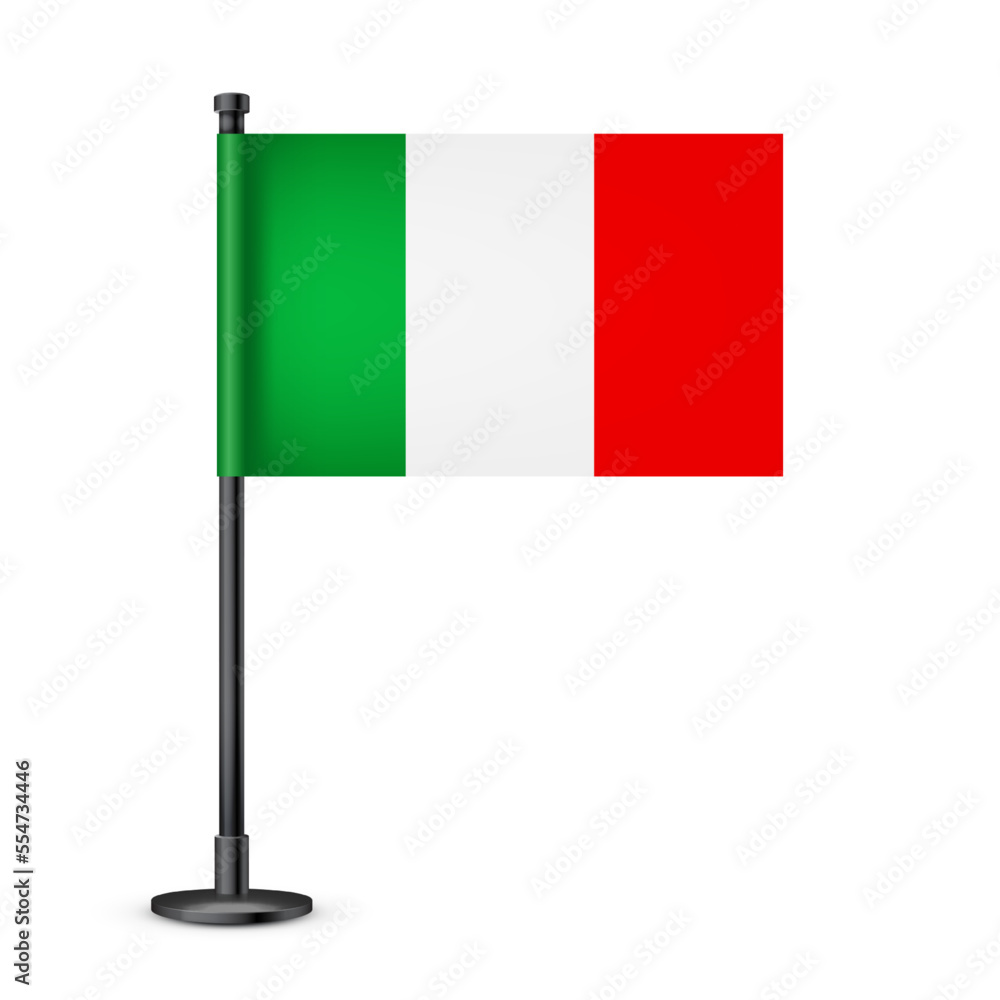 Realistic Italian table flag on a black steel pole. Souvenir from Italy. Desk flag made of paper or fabric and shiny metal stand. Mockup for promotion and advertising. Vector illustration Realistic Italian table flag on a black steel pole. Souvenir from Italy. Desk flag made of paper or fabric and shiny metal stand. Mockup for promotion and advertising. Vector illustration