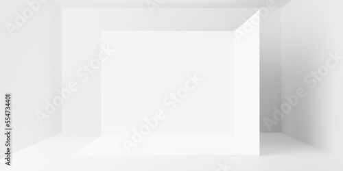 White empty studio room background with corner walls white backdrop in the center, product or object background template