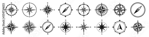 Vintage marine wind rose, nautical chart. Monochrome navigational compass with cardinal directions of North, East, South, West. Geographical position, cartography and navigation. Vector illustration.
