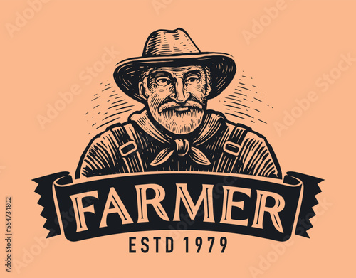 Portrait of adult farmer in hat in style of vintage engraving. Emblem or badge for farm organic food. Sketch vector