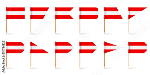 Realistic various Austrian toothpick flags. Souvenir from Austria. Wooden toothpicks with paper flag. Location mark, map pointer. Blank mockup for advertising and promotions. Vector illustration