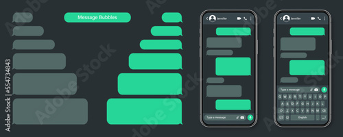Realistic smartphone with messaging app. Blank SMS text frame. Conversation chat screen with green message bubbles. Social media application. Dark mode. Vector illustration