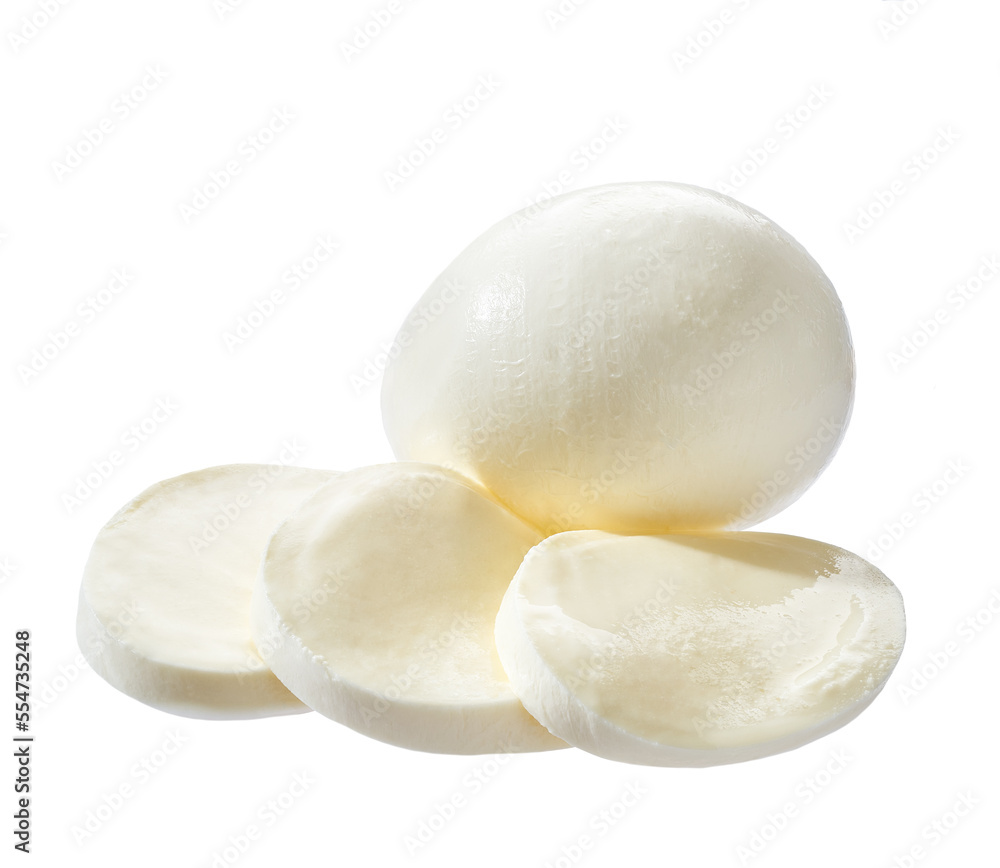 sliced traditional italian mozzarella cheese isolated on white background with clipping path and full depth of field.