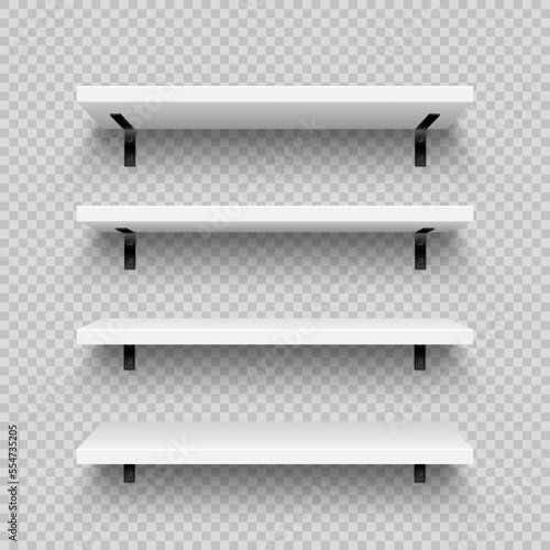 Realistic white store shelves with wall mount. Empty product shelf, grocery wall rack. Mall and supermarket furniture, bookshelf. Modern interior design element, room decoration. Vector illustration
