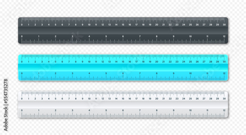 Realistic various plastic rulers with measurement scale and divisions, measure marks. School ruler, centimeter and inch scale for length measuring. Office supplies. Vector illustration