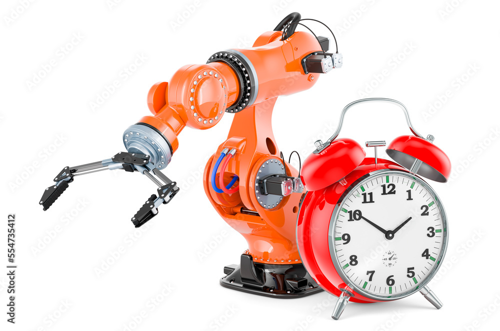 Robotic arm with alarm clock, 3D rendering Robotic arm with alarm clock, 3D rendering