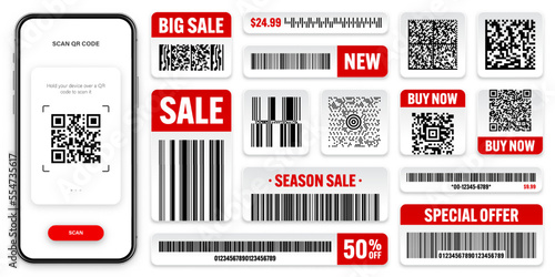 Product barcodes and QR codes. Smartphone application, scanner app. Sale stickers, discount label or promotional badge. Serial number, product ID. Store, supermarket scan labels. Vector illustration