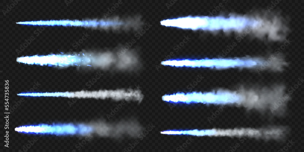 Realistic blue space rocket trails. Festive fireworks launch. Fire burst, explosion. Missile or bullet trail. Jet aircraft tracks. Smoke clouds, fog. Steam flow. Vector illustration
