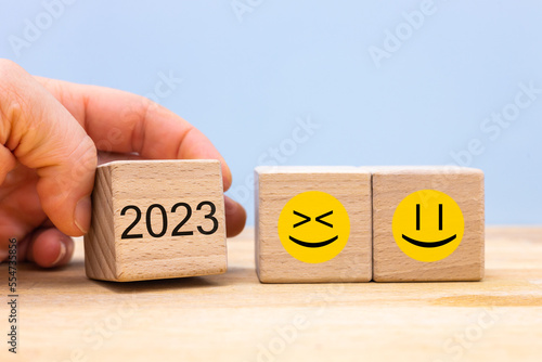 2023, Positive mindset, Concept, Joy of life and good mood. Optimistic approach to life in the new year